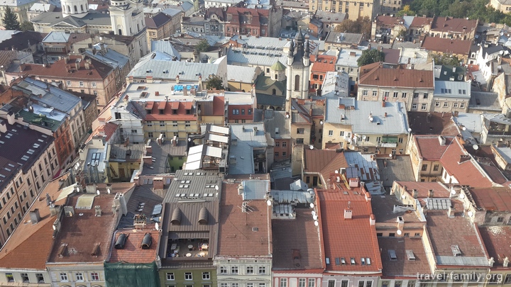 Вид на крыши домов со смотровой площадки ратуши во Львове