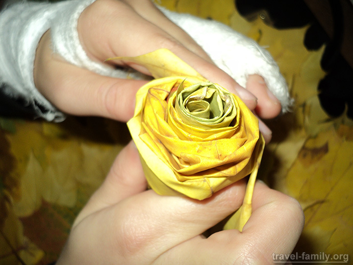 Софийка делает розу из осенних листьев